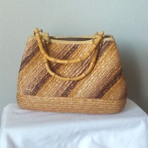 Straw Stripe Double Bamboo Handle Purse